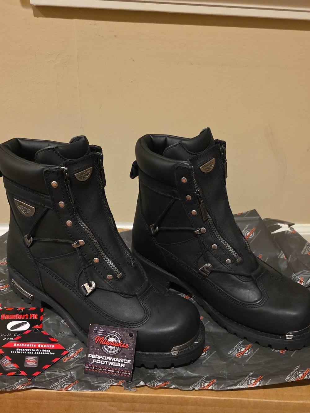 Milwaukee Men's Black Zip Front Motorcyle Leather Steal Toe Boots